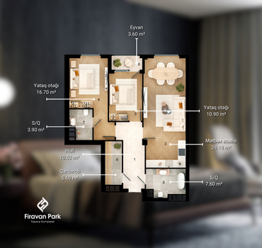 3 otaqlı studio 88 m²