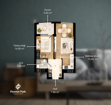 2 otaqlı studio 47 m²