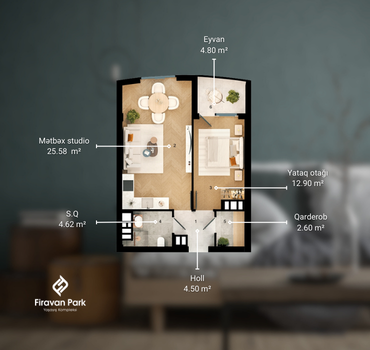 2 otaqlı studio 55 m²